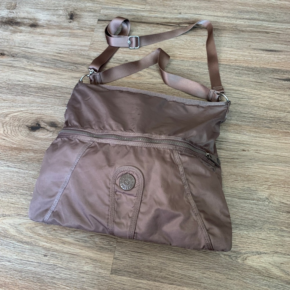 Kipling Crossbody Bag Taupe Brown Nylon Messenger Adjustable Strap Large Pocket